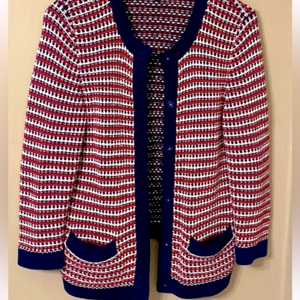 TALBOTS Crochet Knit Red White Blue Cardigan